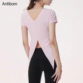 Женски костюм за йога от окото на материал Antibom, спортна блуза с къс ръкав за спринт, свободна тънка тениска за фитнес с къс ръкав