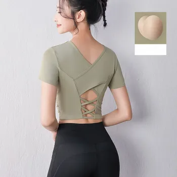 Женски спортен топ с подплата в гърдите 2021, красива дишаща тениска за тренировки с къси ръкави отзад, однотонная дрехи за йога и фитнес