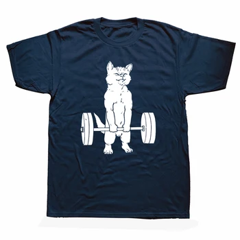 Забавни тениски за пауэрлифтинга с изображение на котка, памучен градинска дрехи с къс ръкав, Подаръци за рожден ден, лятна стилна мъжка тениска за становой сцепление