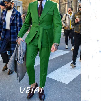 Зелен Мъжки Костюм, изработена по поръчка, Мъжки оборудвана костюм за парти, сватба, Мъжки Бизнес Костюми За Мъже, Костюм Homme, 3 предмета (яке + Панталон + Елек)