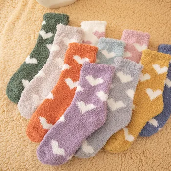 Зимни чорапи Kawaii Love Heart, пухкави коралови флисовые чорапи за жените, меките коралови кадифени чорапи, домашни чехли, чорапи Сокс