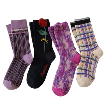 Зимни чорапи с винтажными цветове, дамски модни дълги памучни чорапи Chaussette Femme, сладки аксесоари в стил харадзюку, гамаши в уличном стил