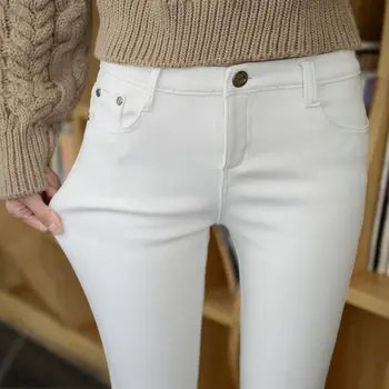 Зимните кадифе топли дънки, дамски изолирана дънки-участък, панталон-молив ярки цветове, големи размери, стегнати дънки с висока талия, плюшени дънкови панталони