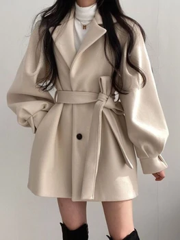 Зимно яке на жената вълна палто, тренч в стил midi, женски туид яке с отложным яка, дантела, корейски модерен офис женски яке
