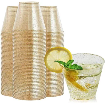Златни пластмасови чаши, прозрачни пластмасови чаши за вино, модни за еднократна употреба на твърди пластмасови чаши със златен блясък за партита, чаши, 100 бр.