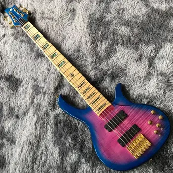 Изработена по поръчка 6-струнен електрически бас-китара с звукоснимателем EMSs в лилаво-златен обков