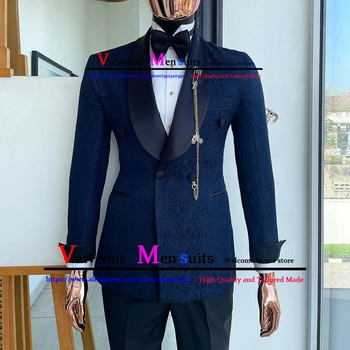 Изработена по поръчка Мъжки костюм, 2 броя, Класически, тъмно синьо Жаккардовый Сватбен костюм за мъже 2022, Оборудвана Смокинг на Булката, Костюм Mariage Homme