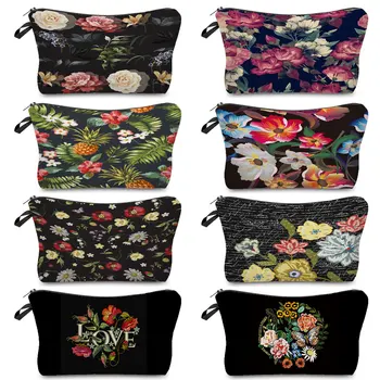 Индивидуални чанти за съхранение на тоалетни принадлежности С цветни флорални принтом, дамски модни косметичка, преносими освежаващи козметични чанти, черни красиви