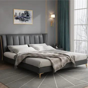 Италианска лека Луксозно Кожено легло, Мебели за спални, Модерни Проста Малък апартамент, двойно легло 1,8 м, Главна спалня