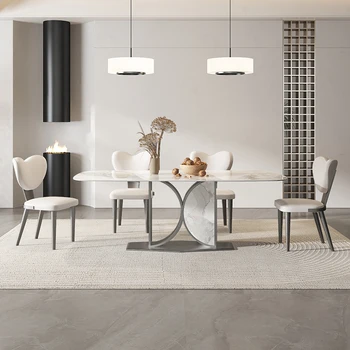Италиански минималистичен маса от ярка камък, модерен минималистичен домакински правоъгълна маса за хранене и стол от сива стомана