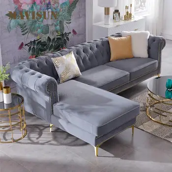 Кадифе на мебели за дома, модерен диван, дълбоко кресло, секционни диван Честърфийлд, Класически хол, хотелски разтегателен диван-фотьойл L-образна форма