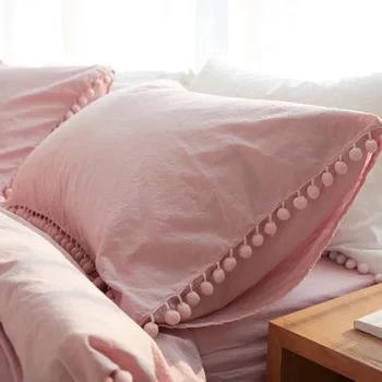Калъфка за възглавница от промит памук, бяло/Розово, декоративни сладки калъфки за възглавници с топки за спални, калъфки за момичета, калъфка 1/2 бр.