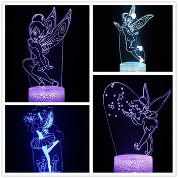Карикатура Дисни 3D Light Фея Tinker Bell Акрилна 3D иллюзионная лампа принцеса led нощна светлина за декор спални настолна лампа Подаръци