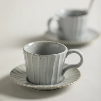 Керамични чаши за кафе, комплект чаши и блюдец ръчно изработени в японски стил, ретро-кафе, чаша за следобеден чай, чаша за закуска, чаша за мляко, чаша за вода