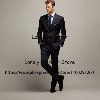 Класически тъмно сини мъжки костюм и лацканом, оборудвана бизнес блейзър, 2 броя, сватбен смокинг на булката, костюм Homme, яке, панталони