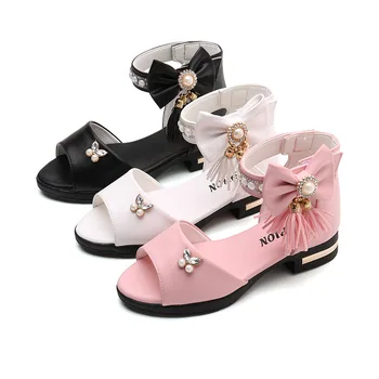 Кожени детски сандали в римски стил 2023 г., Летни сандали за момичета, плажни сандали за по-големите деца, корейски модни сандали принцеса с лък плоска подметка