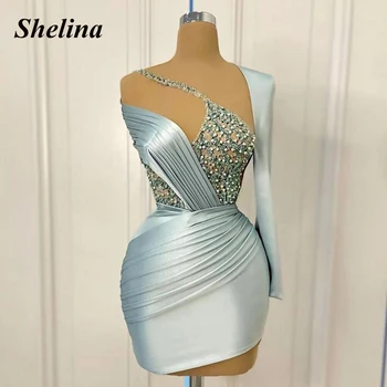 Коктейлни рокли Shelina с нежни мъниста и пайети, вечерни рокли с складкой на едното рамо с дължина до коляното, Vestido De Noite по индивидуална заявка