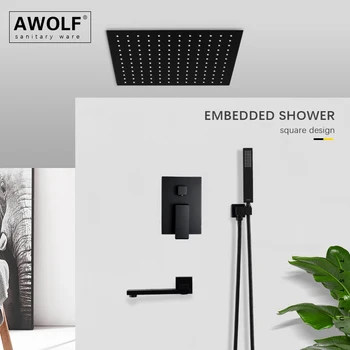 Комплект за душ в банята Матово-черен, от плътен месинг, квадратен дизайн, 8-инчов и 10-инчов горната система за душ и вана, вграден миксер AH3042