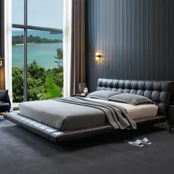 Комплект кожени мебели Двойно легло King size, с пълен размер на матрака, таблата, таблата и нощно шкафче