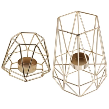 Комплект от 2 златни метални свещници с геометричен модел за декорация на хола, баня - Централните елементи за сватби и вечеря