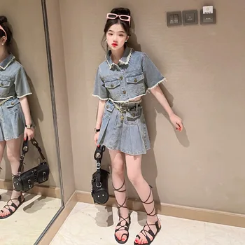 Комплект плиссированных дънкови поли за момичета на 8-10 години, корейски дрехи 2023, пролет и лято, скъпа стилна градинска облекло