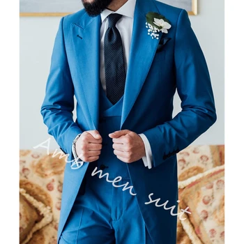 Комплекти сини саката, дълги пълни сватбени костюми за мъже, модерен дизайн, оборудвана смокинг за младоженеца-елегантна рокля от 3 теми, домашно облекло