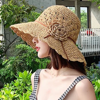 Корейската лятна плажна шапка с цветен модел, сгъване за почивка на море, солнцезащитная шапка с голям корниз, модни сгъваема сламена шапка