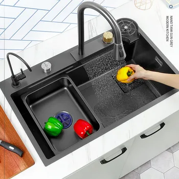 Кухненска мивка с водопад от неръждаема стомана 304, черен Нано-мивка, единична креативна мивка, аксесоари за източване на чешмата с цифров дисплей