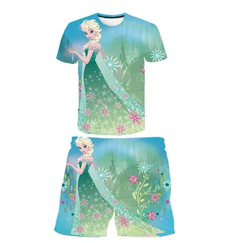 Летен комплект дрехи с принтом принцеса Елза за момичета, ежедневни модерна тениска, топ + ежедневни къси панталони, комплекти, дрехи за момичета от 6 М-14 т
