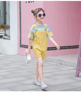 Летни комплекти дрехи за момичета, памучни тениски и тела в ивица с кръгло деколте 2022 година, модерни всекидневни комплекти детски дрехи