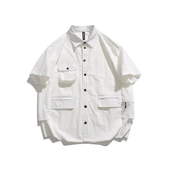Летни мъжки улични бързо съхнещи ризи карго с къс ръкав, Модни Свободни ежедневни юношеските мъжки японски улични ризи Cityboy