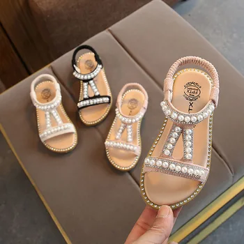 Летни Сандали за малки момичета; детски обувки в римски стил принцеса без обков с перли и кристали за малки момичета;