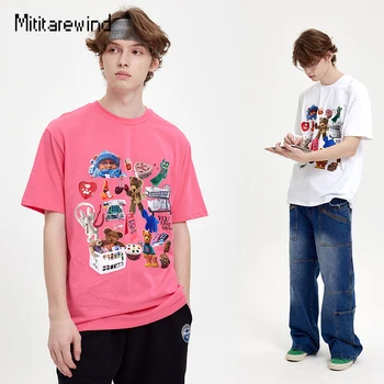 Летни тениски за двойки от 100% памук, японски стил, тениска за влюбени с къси ръкави и анимационни принтом, розово-бяла тениска, за мъже градинска облекло
