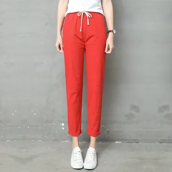 Летни червено-оранжеви директни памучни ленени панталони за момичета, женски тънки выстиранные сладки панталони дантела, ежедневни дамски панталони оверсайз