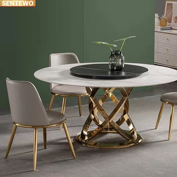 Луксозен дизайнерски кръгла маса за хранене от мраморна плоча с маса за хранене с 6 стола тиш furniture meuble marbre със златната основа от неръждаема стомана