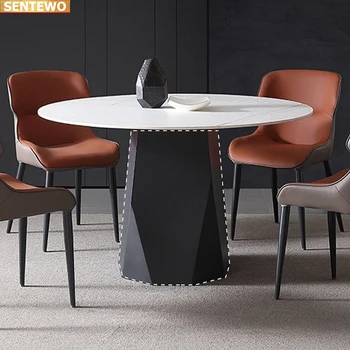 Луксозен дизайнерски маса за хранене от мраморни плочи с кръгла маса и 8 стола tische furniture meuble marbre със златната основа от неръждаема стомана