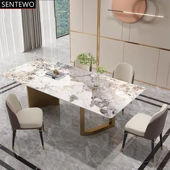 Луксозен дизайнерски маса за хранене от мраморни плочи 8 столове, мебели mesa tavolo pranzo comedor marbre Основа от неръждаема стомана и злато