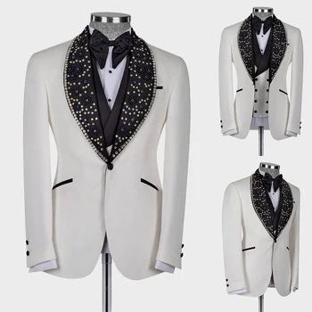 Луксозни мъжки костюми, ушити по поръчка, 3 предмет, сако, жилетка, панталони с една пуговице, сватбен прозрачен ревера, расшитый перли и диаманти, обичай, плюс Размер
