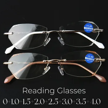 Луксозни Очила за четене с бриллиантовым дизайн, мъжки и Женски прозрачни Очила за старческо без рамки, блокер синя светлина диоптрийные очила