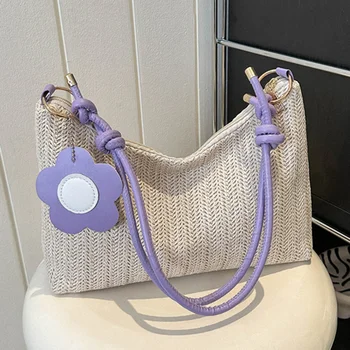 Лятна слама тканая чанта-тоут, ежедневни чанти с голям капацитет, модерни плажни дамски чанти на рамо, проста реколта чанта за пазаруване