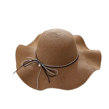 Лятна солнцезащитная шапка с широка периферия, вълнообразни край, лък, дамски плажната солнцезащитная шапка, градинска сламена шапка, папирус, корейски стил