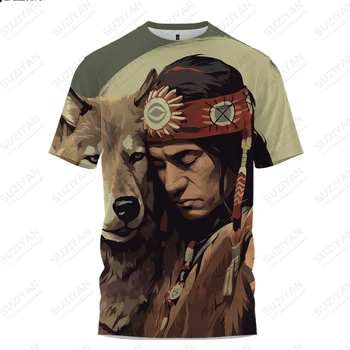 Лятна тениска с принтом индианците и вълци, мъжки тениски, безплатни тениски за почивка, класически тениски с кръгло деколте