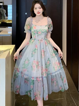 Лятото сетчатое рокля с пищни ръкави и тромаво яката на цветенце, женски празнично плажна рокля Casaul 2023, корейски новости рокли