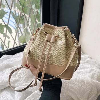 Марка дизайнерски сламена дамска чанта през рамо, ежедневна чанта през рамо, Малка чанта-кофа, тенденция 2023 година