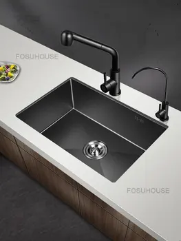 Мивка ръчно изработени Nano 4 мм, единична удебелена неръждаема стомана 304, черна кухненска мивка под мивка, моноблок и мивка от неръждаема стомана