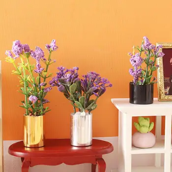 Мини-модел в саксия 1: 12, реалистичен лилаво цвете дизайн, микро-сцена от PVC, миниатюрни растения в саксии, микро-пейзаж