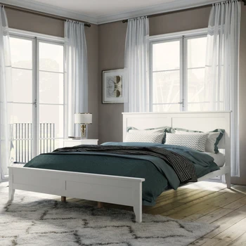 Модерно бяло легло на платформата от масивна дървесина, здрав и дълъг живот, лесно се монтира за вътрешната мебели за спалня