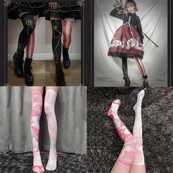 Модни дамски секси чорапи, японски чорапогащи за cosplay Kawaii, Забавен принт, Найлон, коприна до коленете, еротични черни чорапи за момичета