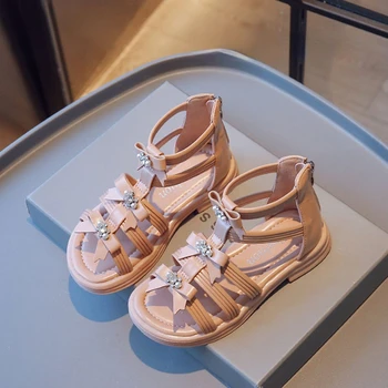 Модни детски сандали-гладиатори за момичета 2023, лятна устойчива на плъзгане детски обувки Принцеси за момичета, черно и розово плажни сандали, обувки за момиченца