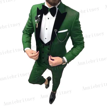 Модни Зелени Смокинги за младоженеца в една пуговице, мъжки костюми за Сватбена вечеря на Младоженеца, Костюми за шаферов (яке + Панталон + Елек)